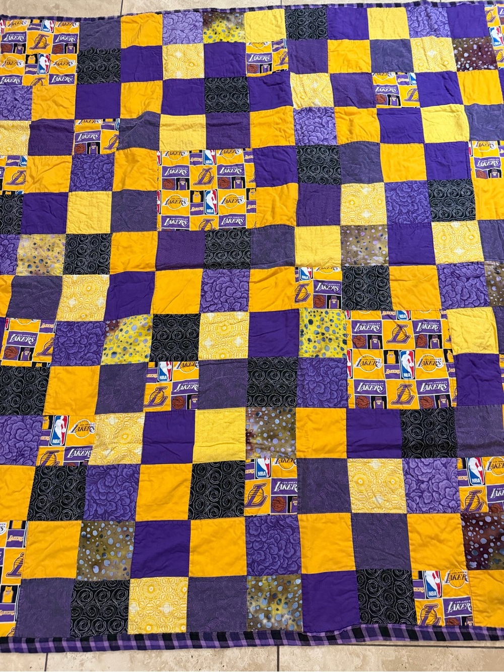 Vintage Handmade NBA Lakers Basketball Throw Quilt Flannel Back 63x63”